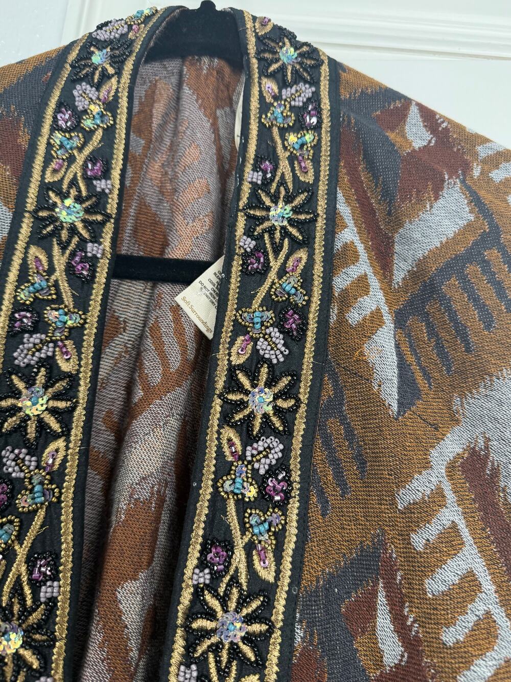 Soft Surroundings Womens Beaded Trim Kimono One Size Brown Folkloric Boho